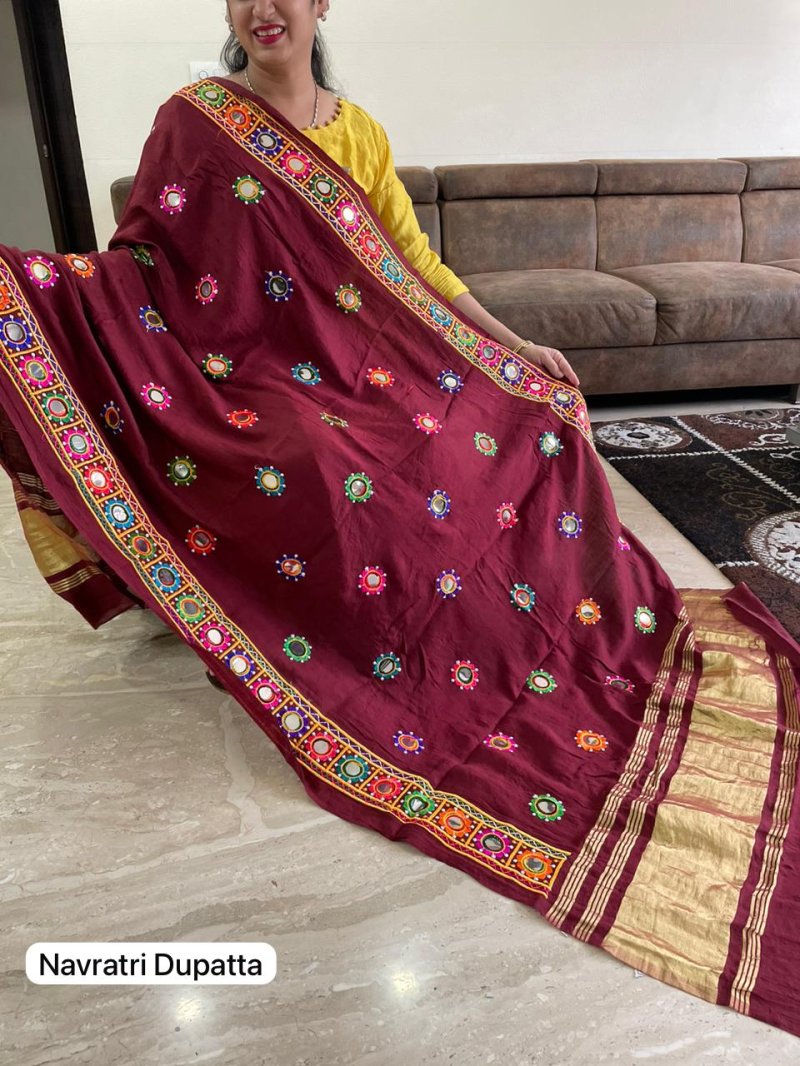 Tew Silk With Embroidery And Foil Mirror Work Navratri Dupatta